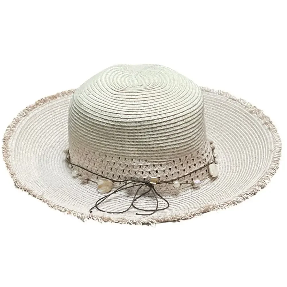 Scala Collezione Sun Beach Fringed Rim Hat Shell Band EUC